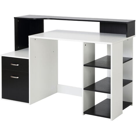 main image of "HOMCOM Wooden Computer Desk PC Table Modern Home Office Writing Workstation Furniture Printer Shelf Rack w/ Storage Drawer & Shelves (Black and white)"