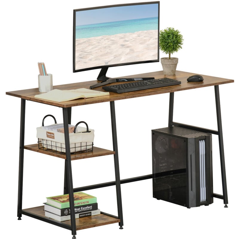 Writing Desk Working Station Home Office Table with 2 Shelves Computer Gaming Desk Steel Frame Black and Rustic Brown - Homcom