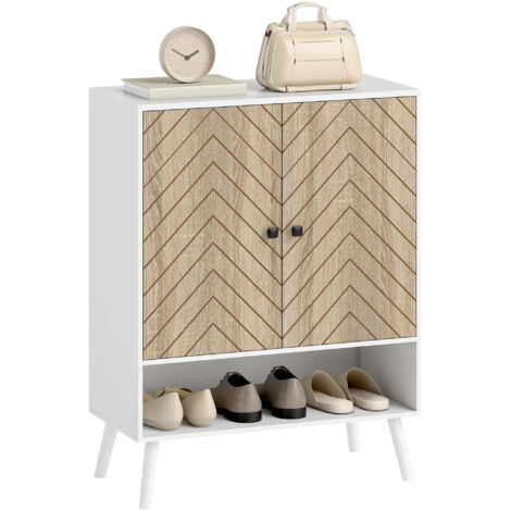 HOMCOM zapatero de 2 puertas con diseño en espiga, estantes ajustables, compartimento abierto, para 15 pares de zapatos, 75x35x97 cm, blanco y natural