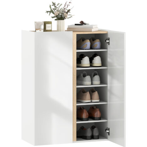 HOMCOM zapatero de 6 niveles con 2 puertas en blanco brillo cierre suave y estantes ajustables para 18 pares de zapatos 70x33,5x95 cm blanco