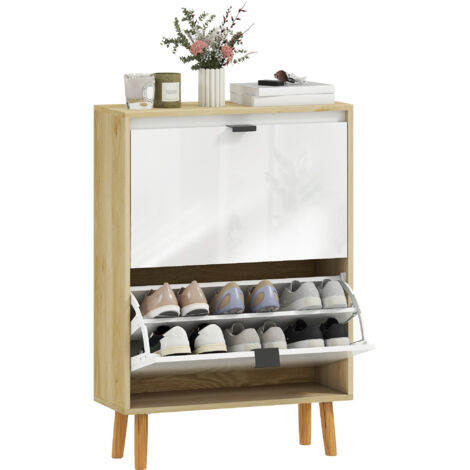 HOMCOM zapatero estrecho con 2 puertas en blanco brillo, estantes ajustables, patas de madera, para 12 pares de zapatos, 60x24x91 cm blanco