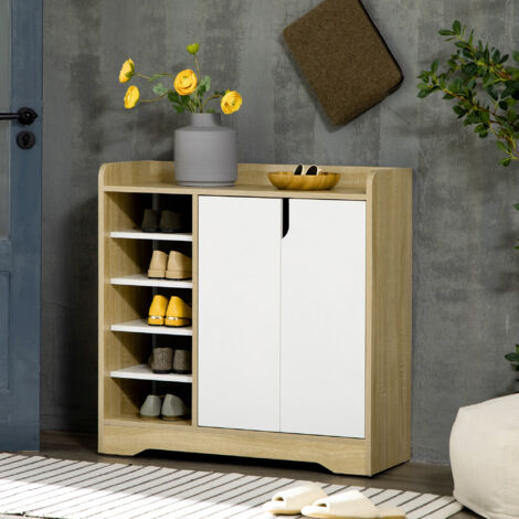 HOMCOM Zapatero Estrecho de Estilo Moderno para 13 Pares de Zapatos para Entrada Pasillo 80x30x80 cm Natural y Blanco