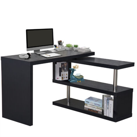 HOMCOMCorner Rotating L-Shaped Office Table Computer Desk with Storage Shelf Black