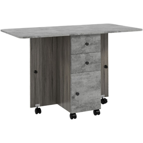 HOMCOMM Table de cuisine pliante avec 2 abattants, 2 tiroirs, 1 armoire et 1 étagère, 120x60x76,5 cm, gris