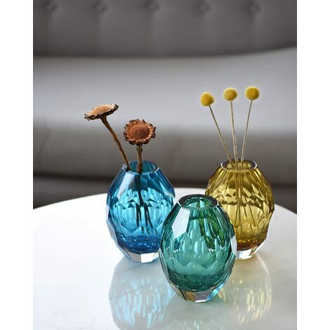 Home Decor Gift Art Vase en verre avec coupe soufflée à la main Centre de table de fleur moderne pour bureau, cuisine, salon, fête de mariage Couleur bleue 6,7 pouces de hauteur-Bleu