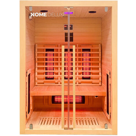 Home Deluxe – Cabine infrarouge SONORA M 135 x 105 x 190 cm – 2 places – Verre de sécurité – Bois de sapin Hemlock – 6 radiateurs à spectre complet
