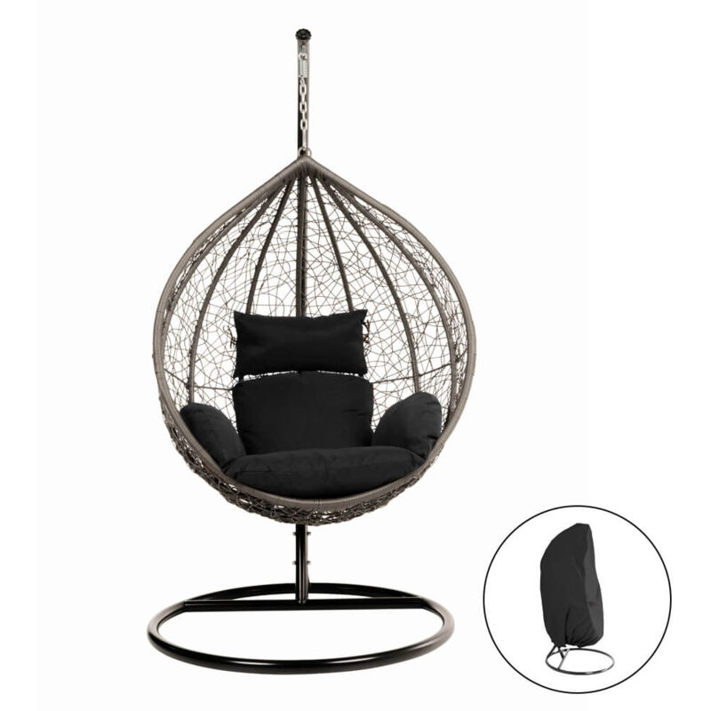 Home Deluxe - Fauteuil suspendu en poly rotin avec structure cielo Couleur : noir, Equipement : couverture de pluie incluse