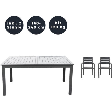 HOME DELUXE - Gartentisch ausziehbar - CASA - ca. 160 (240) x 100 x 74 cm - inkl. 2 Stühlen, Gestell und Tischplatte Aluminium - inkl. Zubehör I Gartenmöbel Ausziehtisch Balkonset  Gartentisch Gartens