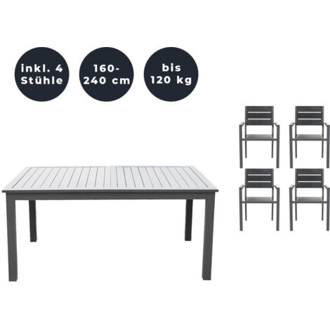 HOME DELUXE - Gartentisch ausziehbar - CASA - ca. 160 (240) x 100 x 74 cm - inkl. 4 Stühlen, Gestell und Tischplatte Aluminium - inkl. Zubehör I Gartenmöbel Ausziehtisch Balkonset  Gartentisch Gartens