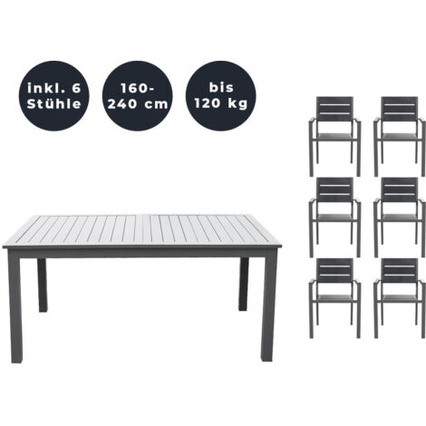 HOME DELUXE - Gartentisch ausziehbar - CASA - ca. 160 (240) x 100 x 74 cm - inkl. 6 Stühlen, Gestell und Tischplatte Aluminium - inkl. Zubehör I Gartenmöbel Ausziehtisch Balkonset  Lounge Gartenmöbel 