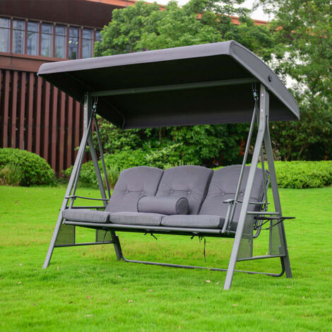 HOME DELUXE - Hollywoodschaukel DESCANSO Grau - 3-Sitzer, B/H/L 115cm x 195cm x 198cm, inkl. Getränkehalter, Sitz- und Rückenkissen I Gartenliege Gartenlounge Schaukelliege Gartenschaukel Schaukelban