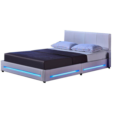 HOME DELUXE - LED Bett Asteroid - Weiß, 140 x 200 cm - Inkl. Matratze und Lattenrost I Polsterbett Design Bett inkl. Beleuchtung  Bett Mit Matratze 180X200