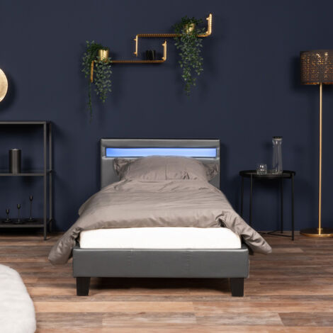 HOME DELUXE - LED Bett Astro - Dunkelgrau, 90 x 200 cm - Inkl. Lattenrost I Polsterbett Design Bett inkl. Beleuchtung  LED Polsterbett Bett Bettgestellt