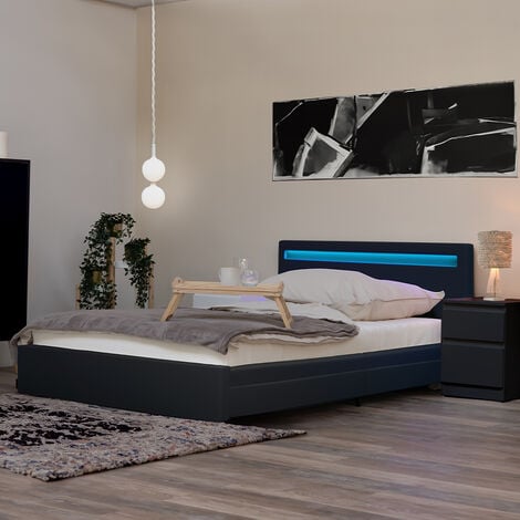 Home Deluxe - LED Bett NUBE - Dunkelgrau, 140 x 200 cm - inkl. Lattenrost und Schubladen I Polsterbett Design Bett inkl. Beleuchtung