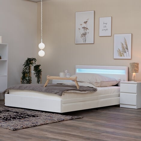 HOME DELUXE - LED Bett NUBE mit Schubladen 140 x 200 - weiß I Polsterbett, Bett, inkl. Lattenrost