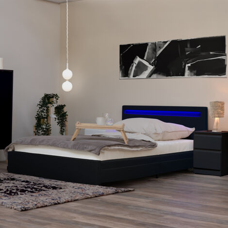 Home Deluxe - LED Lit avec tiroirs et matelas NUBE Couleur : noir, Dimension : 140 x 200 cm