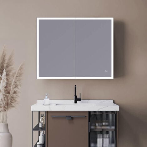 HOME DELUXE LED-Spiegelschrank EVE Schwarz 100 x 80 cm  LED Spiegelschrank mit Steckdose, Bad Spiegelschrank mit Beleuchtung und Steckdose