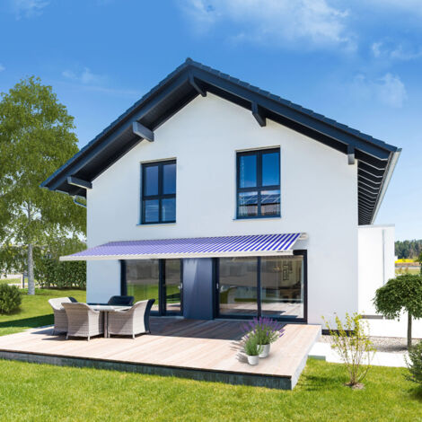 HOME DELUXE - LED Vollkassettenmarkise elektrisch ELOS  Farbe: Marineblau-weiß, Größe: 350 x 250 cm  Gelenkarmmarkise Vollkassette Motorisiert Sonnenschutz