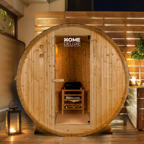 HOME DELUXE - Outdoor Fasssauna LAHTI XL - Maße: BxTxH: ca. 195 cm x 192 cm x 220 cm, Holz: Fichtenholz - inkl. Saunaofen und Saunazubehör I Gartensauna, Außensauna, Sauna Fass für 6 Personen