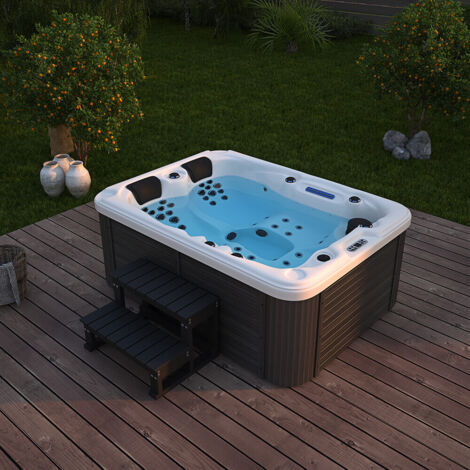 HOME DELUXE - Outdoor Whirlpool - Beach Plus Treppe und Thermoabdeckung - Maße: 210 x 155 x 83 cm - Inkl. Heizung, 51 Massagedüsen und 24 Lichtquellen I Außen Whirlpool für 3 Personen Whirlpool Outdo