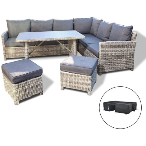 HOME DELUXE - Polyrattan Sitzgruppe Bahia inkl. Abdeckung - inkl. Hocker, Tisch mit Glasplatte und Sitzpolster I Loungemöbel, Outdoor Sofa, Garten- & Balkonmöbel…  Polyrattan Lounge Gartenmöbel Garten