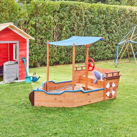 HOME DELUXE - Sandkasten MATSCHEKISTE - Segelschiff inkl. Bodenplane und Dach - Maße: 160 x 78 x 103 cm - inkl. Montagematerial I Holzsandkasten Piratenboot Sandbox Holz Sandbox Sandkiste Sitzbank