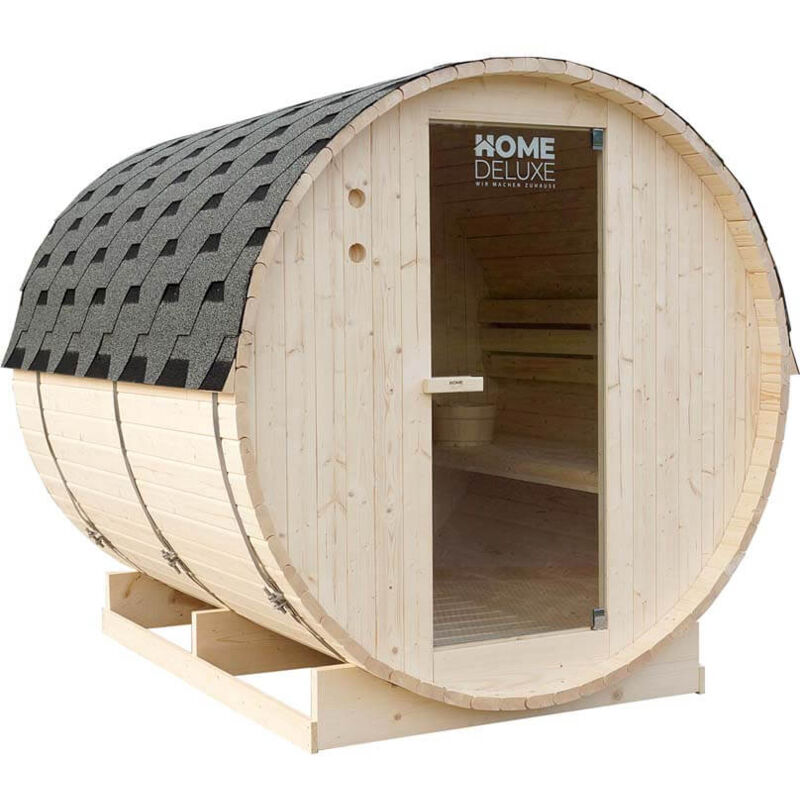 Home Deluxe – Sauna extérieur tonneau LAHTI XL 4 places – Dimensions 195 x 220 cm – Bois épicéa naturel – Poêle 8 kW inclus – Acc. sauna fournis