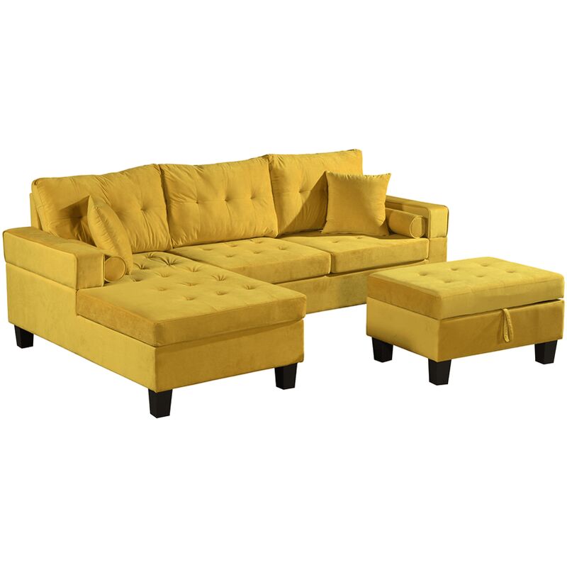 Home Deluxe - Sofa Samt inkl. Hocker Rom - Farbe: gelb - Ausführung: rechts I Ecksofa, Couch, Sofagarnitur