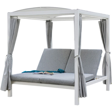 HOME DELUXE - Sonnenliege - LYON, Maße: ca. 208 x 188 x 207 cm, FARBE: Weiß, Loungebett für 2 Personen, inkl. Vorhänge und Sonnendach I Gartenliege Doppelliege Gartenliege Sonnenliege Gartenliege Mit