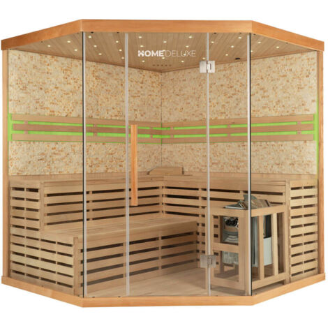 HOME DELUXE - Traditionelle Sauna - Skyline XL Big Kunststeinwand - 200 x 200 x 210 cm, für 2-6 Personen, Hemlocktanne, inkl. Saunazubehör I Dampfsauna Aufgusssauna Finnische Sauna Bio Sauna Sauna Sa