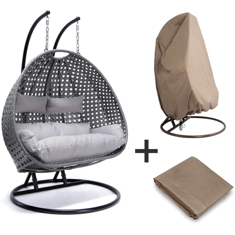 Home Deluxe - Fauteuil suspendu en poly rotin avec housse de pluie twin Couleur : Gris, Équipement : Avec housse de pluie