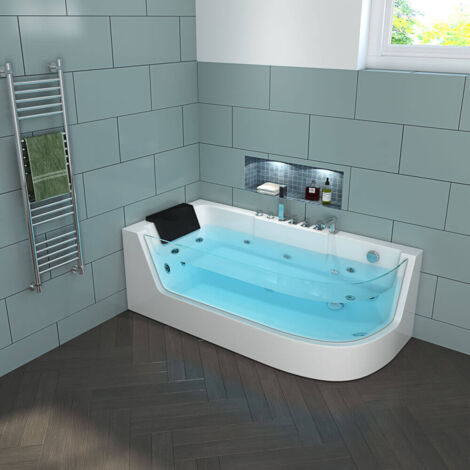 Home Deluxe - Whirlpool Badewanne - CARICA Rechts weiß mit Heizung und Massage - Maße: 170 x 80 x 59 cm I Eckwanne, Indoor Badewanne
