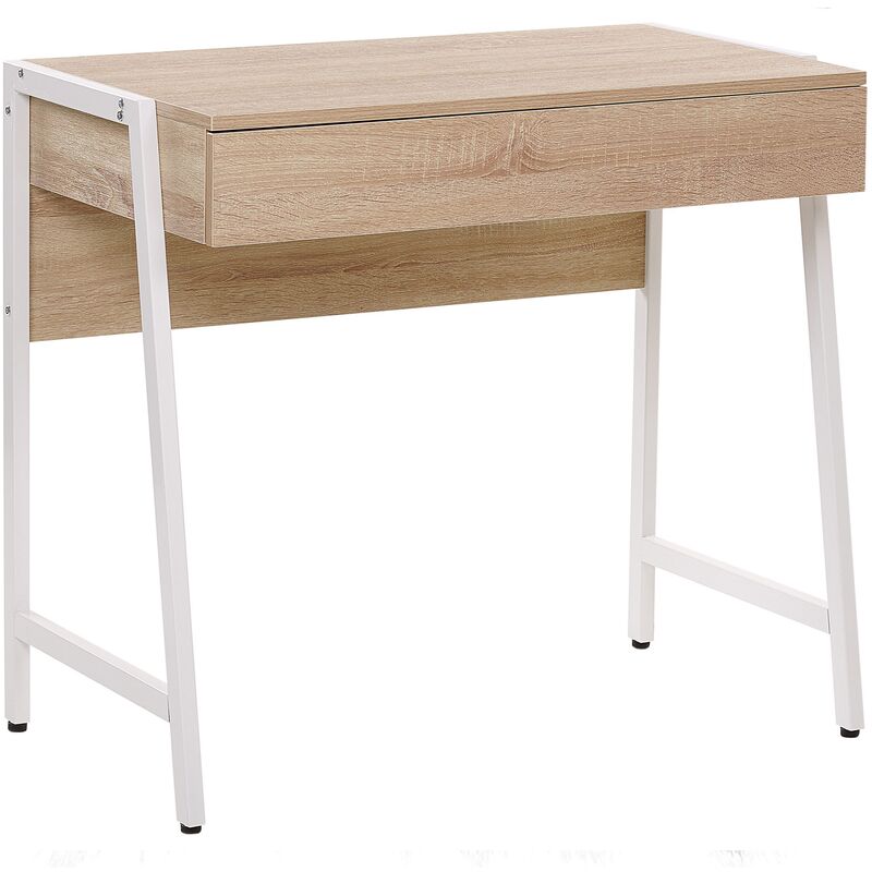 Modern Home Office Desk 1 Drawer Light Wood Top White Metal Legs Carter