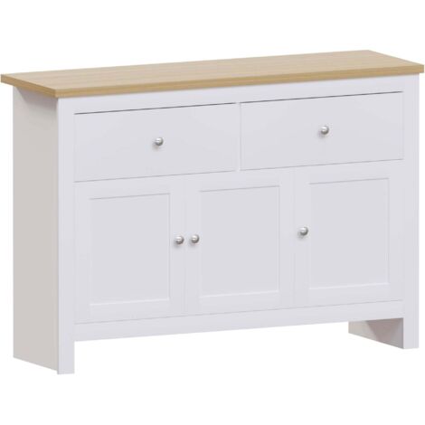 Home Discount – Buffet Arlington 2 tiroirs 3 portes – Rangement H 82 x L 117 x P 35 cm – Blanc – Plateau spacieux pour objets décoratifs