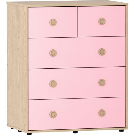 Home Discount – Commode enfant 5 tiroirs – Dimensions H 76 x L 64,7 x P 39,5 cm – MDF et panneau de particules – Finition mélamine rose-chêne