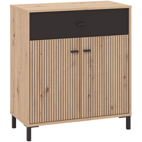 Home Heavenly® - Aparador AVION, diseño moderno con acabado roble y detalles negro alistonado, patas y tiradores PVC, disponible  Medida: 80 cm