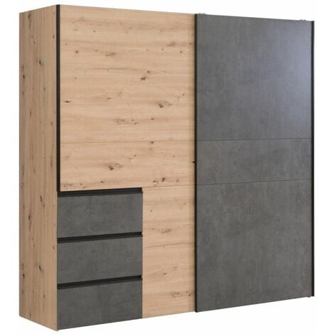 Home Heavenly® - Armario ropero de 200 cm con 2 puertas correderas WINTER2 + cajonera integrada exterior de 3 cajones. Color: Roble Artisan - Cemento Oscuro