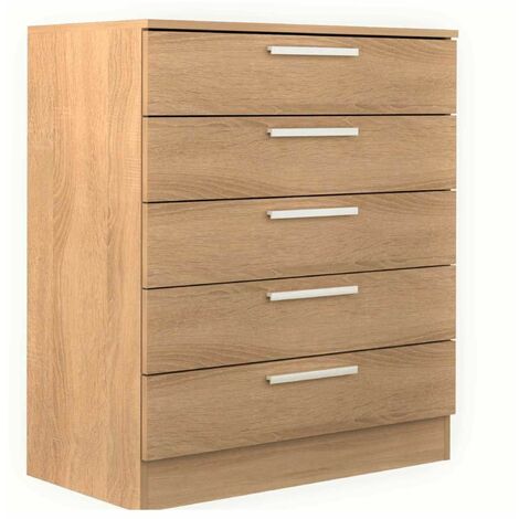 Home Heavenly®- Cómoda de 5 cajones CUBE, de madera aglomerada, sistema de apertura con bisagras, tiradores rectos acabado mate  Color: Roble