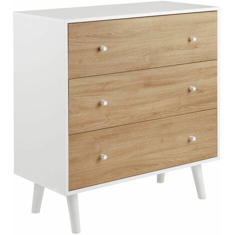 Home Heavenly® - Cómoda dormitorio 3 cajones LEAH, estilo nórdico, 106x100x45 cm. Color: Blanco y Roble