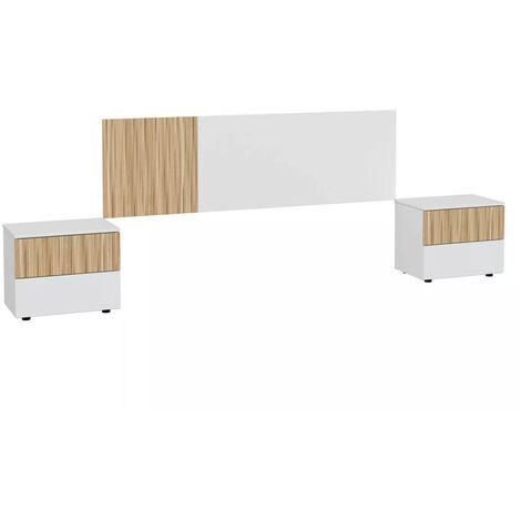 Home Heavenly® - Conjunto dormitorio completo EDITH, cabecero cama 160 cm + 2 mesitas noche de 2 cajones.  Color: Blanco Artik - Natur