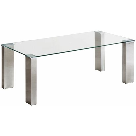 Home Heavenly® - Mesa centro de cristal CANNES. 110x55x40 cm. 4 patas de madera revestidas de lámina metálica brillante.  Pata Cromo