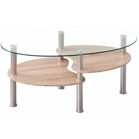 Home Heavenly® - Mesa centro de cristal DENISE, ovalada con revistero Cristal transparente. Patas metálicas.  Color: Tipo Madera Roble