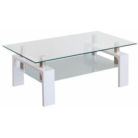 Home Heavenly®- Mesa de centro Kendra de madera y cristal templado anti-roturas, líneas sobrias, diseño lineal minimalista  Color: Blanco