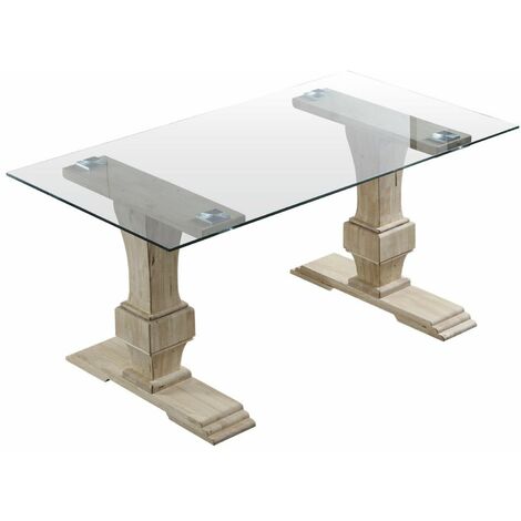 Home Heavenly® - Mesa de comedor de cristal VICTORIA, 2 patas de madera tallada estilo colonial, 160x90 cm.  Color: Roble Nordish