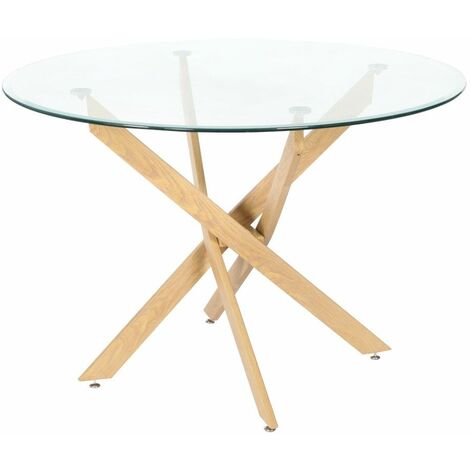Home Heavenly® - Mesa de comedor redonda de cristal DAN, de 110 cm diámetro x 73 cm altura. 4 Patas entrecruzadas.  Color: Pata Roble