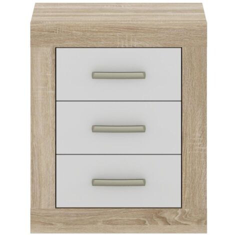 Home Heavenly® - Mesita de noche 3 cajones DORA. 50x62x35 cm. Diseño enmarcado con tiradores plateados.  Color: Roble Sonoma-Blanco