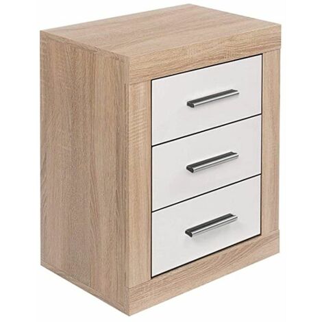 Home Heavenly® - Mesita de noche 3 cajones JANA. 60x50x34,6 cm. Mesita dormitorio o juvenil de diseño enmarcado moderno.  Color: Roble Cambria - Blanco