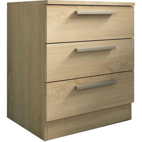 Home Heavenly®- Mesita de noche de 3 cajones CUBE, de madera aglomerada, sistema de apertura con bisagras, tiradores rectos  Color: Roble