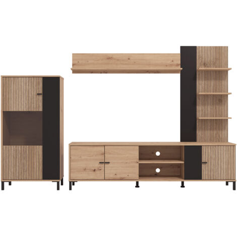 Home Heavenly® Mueble de salón AVION, moderno y funcional, con acabado en roble y detalles en negro, 263x40x167 cm. Color: Roble - Negro