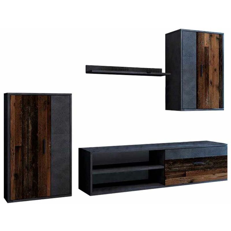

® - Mueble salón modular BOSCO, Conjunto completo de estilo nórdico minimalista. | Color: - Old Vintage-Grafito - Home Heavenly